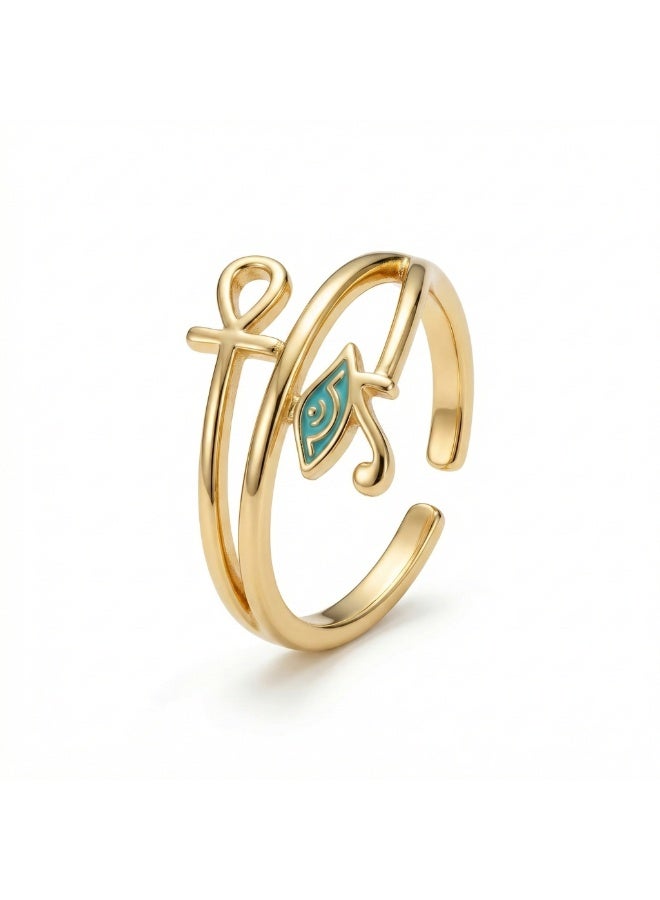 Shein 316 Stainless Steel Ankh & Eye of Horus Spiral Ring – Free Size – Gold Egyptian Protection Symbol – Anti‑Rust & Anti‑Fade - Image 1